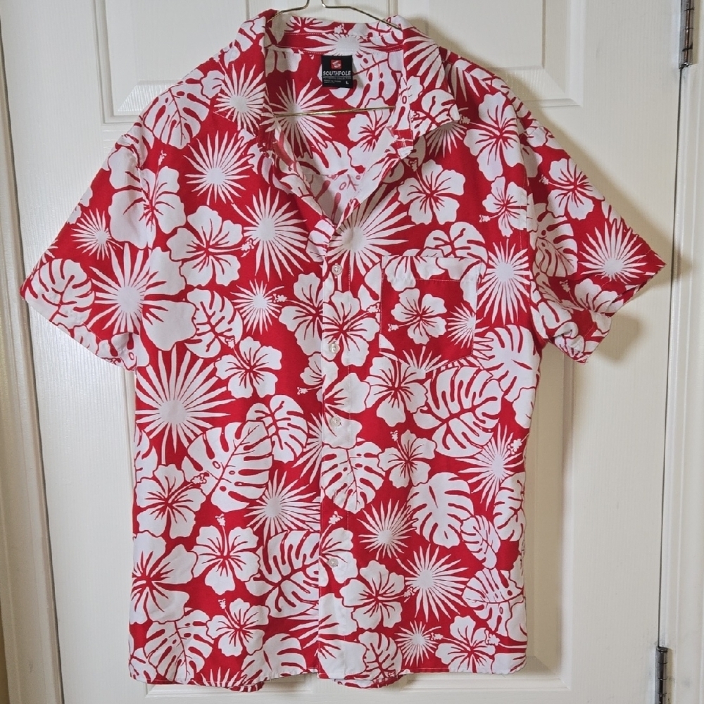 Southpole Lg  Red and White Casual Button Down Shirt with Floral Print - Picture 5 of 9